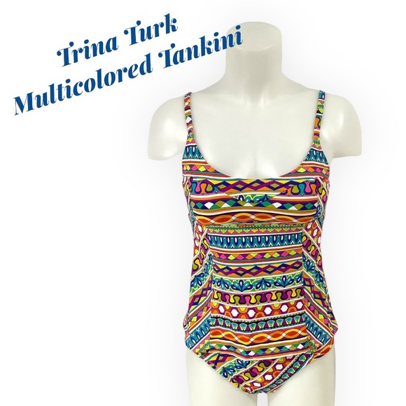 New Trina Turk Multicolored Blue, Orange Tankini Top & Bottom Swimsuit Size 6 - Picture 1 of 8